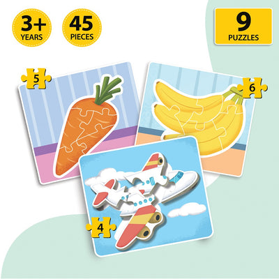 Baby’s First Jigsaw Puzzle Fruits, Vegetables & Modes of Transport (Set of 3) | 45 Pieces