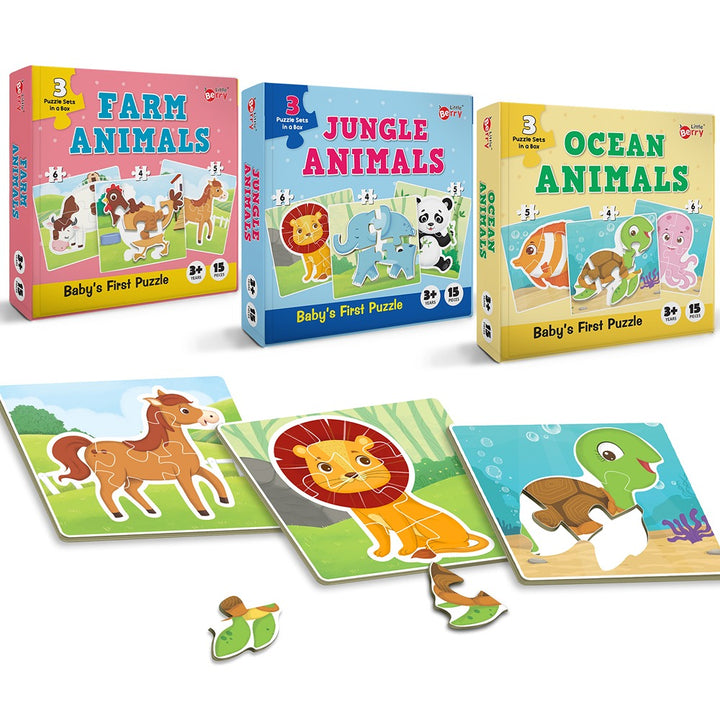 Baby’s First Jigsaw Puzzle Jungle Animals, Farm Animals & Ocean Animals (Set of 3) | 45 Pieces