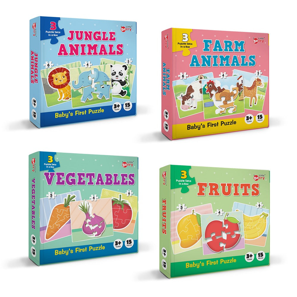 Baby’s First Jigsaw Puzzle Jungle Animals, Farm Animals, Fruits & Vegetables (Set of 4) | 60 Pieces