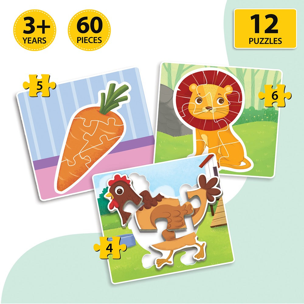 Baby’s First Jigsaw Puzzle Jungle Animals, Farm Animals, Fruits & Vegetables (Set of 4) | 60 Pieces