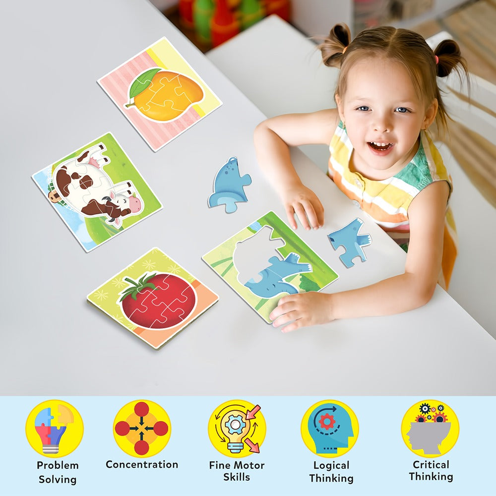 Baby’s First Jigsaw Puzzle Jungle Animals, Farm Animals, Fruits & Vegetables (Set of 4) | 60 Pieces