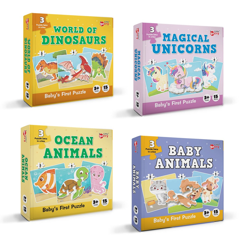 Baby’s First Jigsaw Puzzle Baby Animals, Ocean Animals, World of Dinosaurs & Magical Unicorns (Set of 4) | 60 Pieces