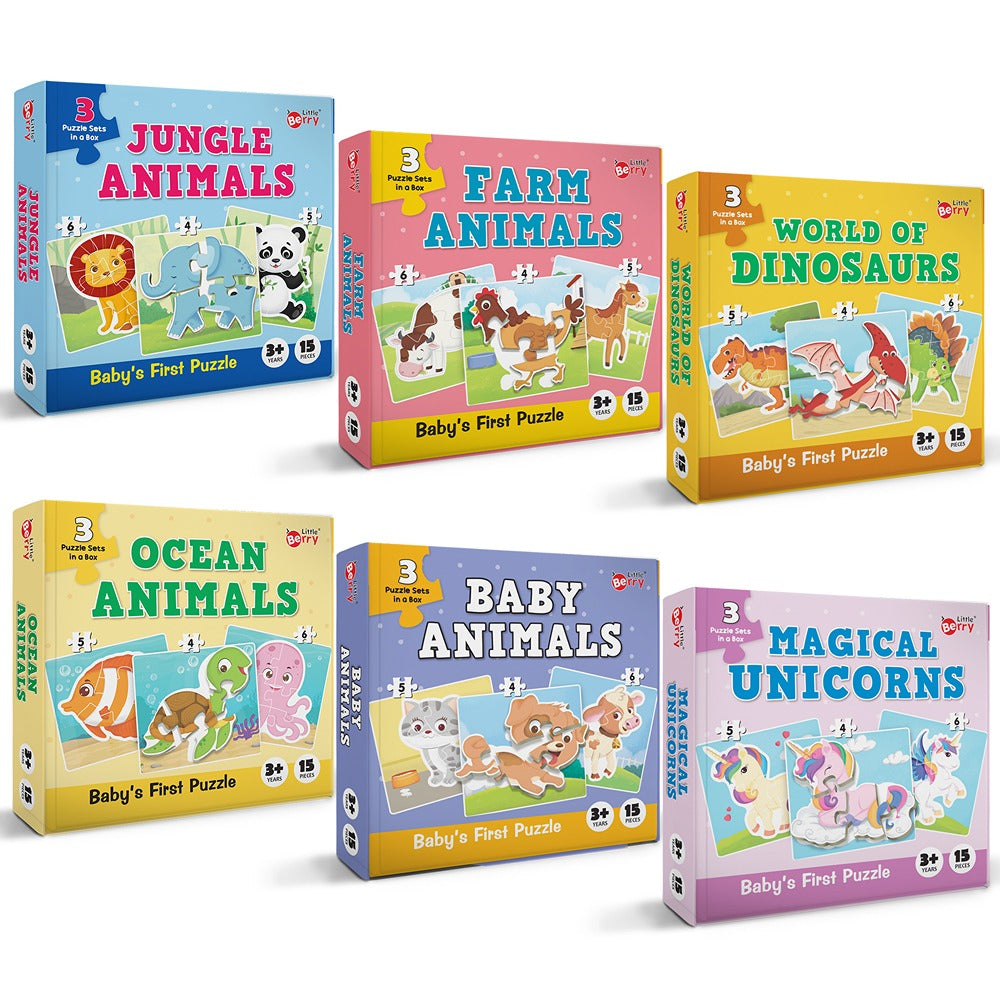 Baby’s First Jigsaw Puzzle Animals, Dinosaurs & Unicorns  (set of 6) | 90 Pieces