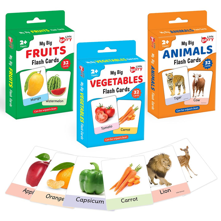 Big Flash Cards Fruits, Vegetables and Animals (Set of 3)| 96 Cards