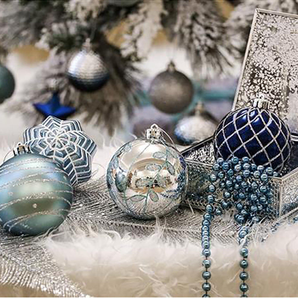 Blue Silver Stripes Theme Christmas Ball Tree Ornaments (16 Pcs)