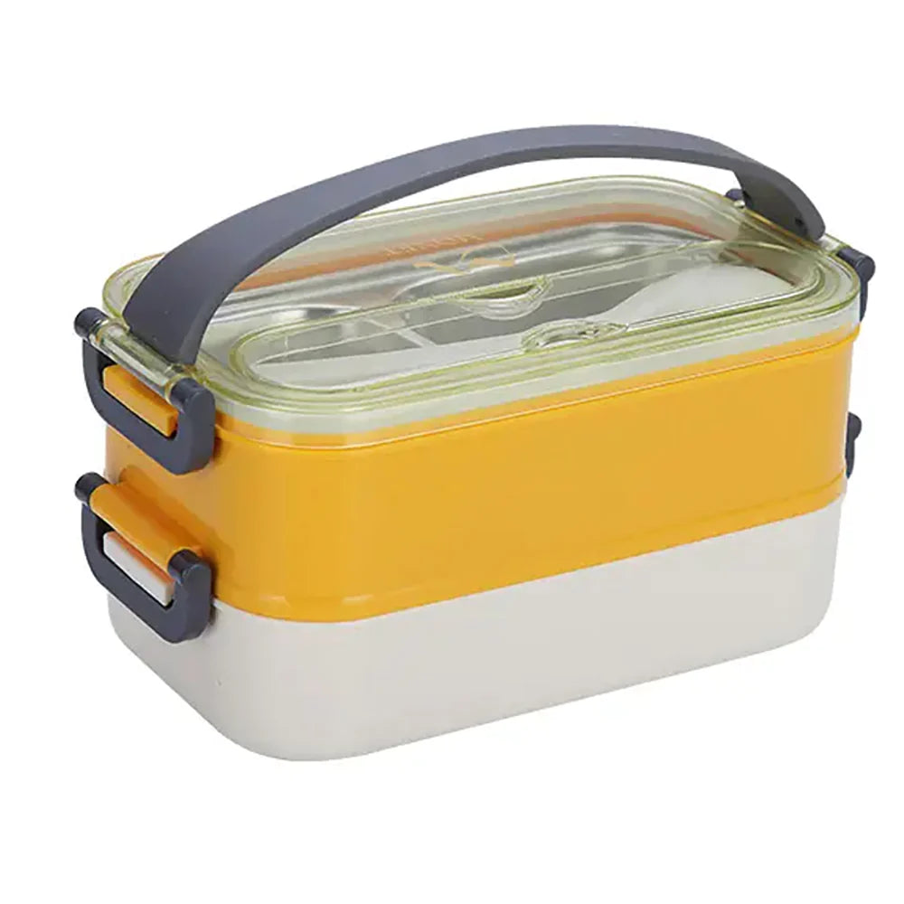 Double Storey Curvy handle Stainless Steel Lunch /Tiffin Box (Yellow/Grey)