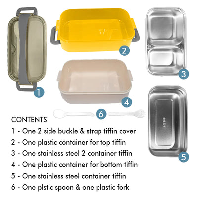 Double Storey Curvy handle Stainless Steel Lunch /Tiffin Box (Yellow/Grey)