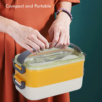 Double Storey Curvy handle Stainless Steel Lunch /Tiffin Box (Yellow/Grey)