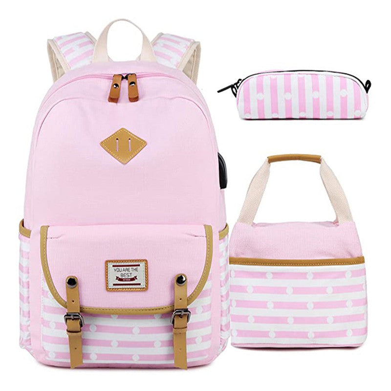 Pink stripes with mini-Polka dots Theme Backpack with Lunch Bag & Stationery Pouch