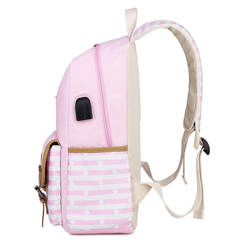 Pink stripes with mini-Polka dots Theme Backpack with Lunch Bag & Stationery Pouch