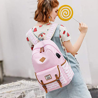 Pink stripes with mini-Polka dots Theme Backpack with Lunch Bag & Stationery Pouch