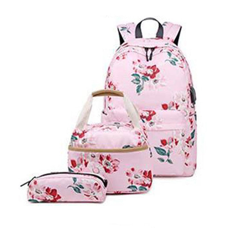 Floral Bunch Backpack with Lunch Bag & Stationery Pouch (Pink)