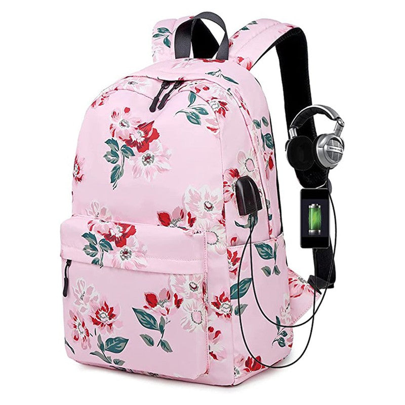 Floral Bunch Backpack with Lunch Bag & Stationery Pouch (Pink)