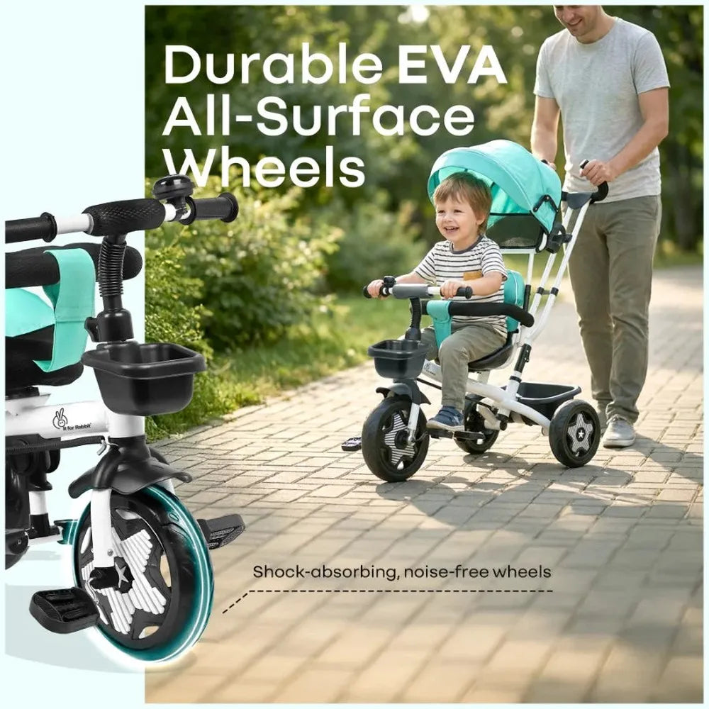 R for Rabbit Tiny Toes R40 Ace Baby Tricycle – Lake Blue | 360° Rotatable Seat & Parental Control | Adjustable Canopy & EVA Wheels