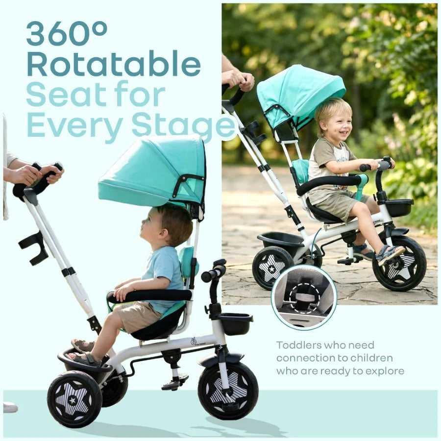 R for Rabbit Tiny Toes R40 Ace Baby Tricycle – Lake Blue | 360° Rotatable Seat & Parental Control | Adjustable Canopy & EVA Wheels