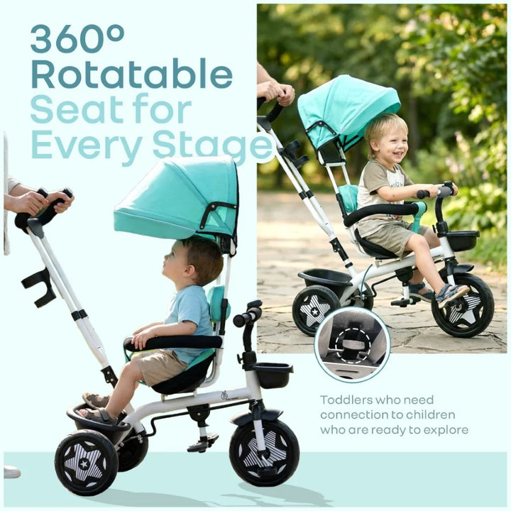R for Rabbit Tiny Toes R40 Ace Baby Tricycle – Lake Blue | 360° Rotatable Seat & Parental Control | Adjustable Canopy & EVA Wheels