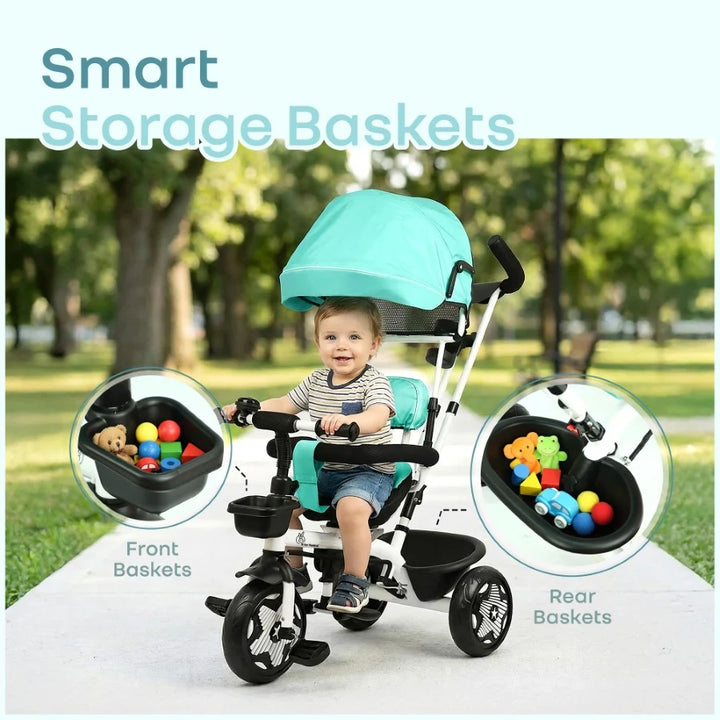 R for Rabbit Tiny Toes R40 Ace Baby Tricycle – Lake Blue | 360° Rotatable Seat & Parental Control | Adjustable Canopy & EVA Wheels
