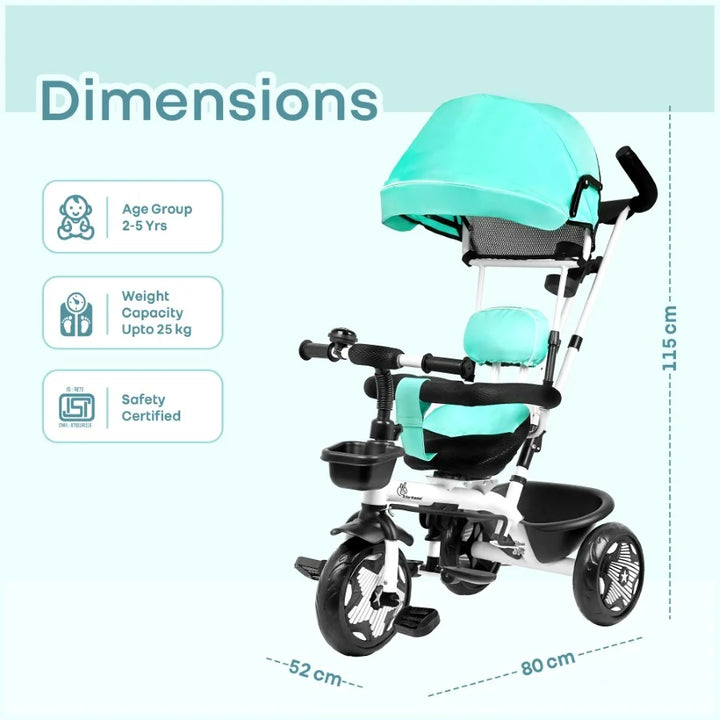 R for Rabbit Tiny Toes R40 Ace Baby Tricycle – Lake Blue | 360° Rotatable Seat & Parental Control | Adjustable Canopy & EVA Wheels