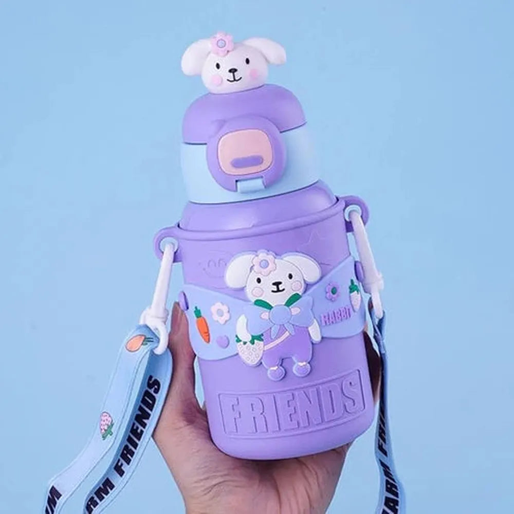 CuddleNest Rabbit Design Water Bottle with Straw & Sipper - 450ml