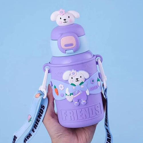 CuddleNest Rabbit Design Water Bottle with Straw & Sipper - 450ml