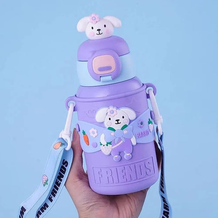 CuddleNest Rabbit Design Water Bottle with Straw & Sipper - 450ml