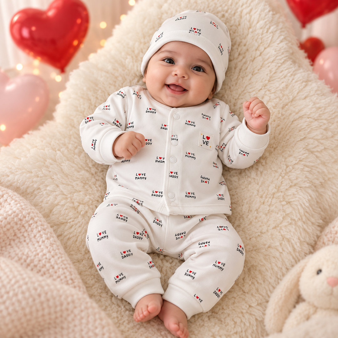 Baby Naturelle Love Daddy Cotton Knit Front Open Full Sleeves Co-ord T-Shirt & Pajama Suit with Cap - White