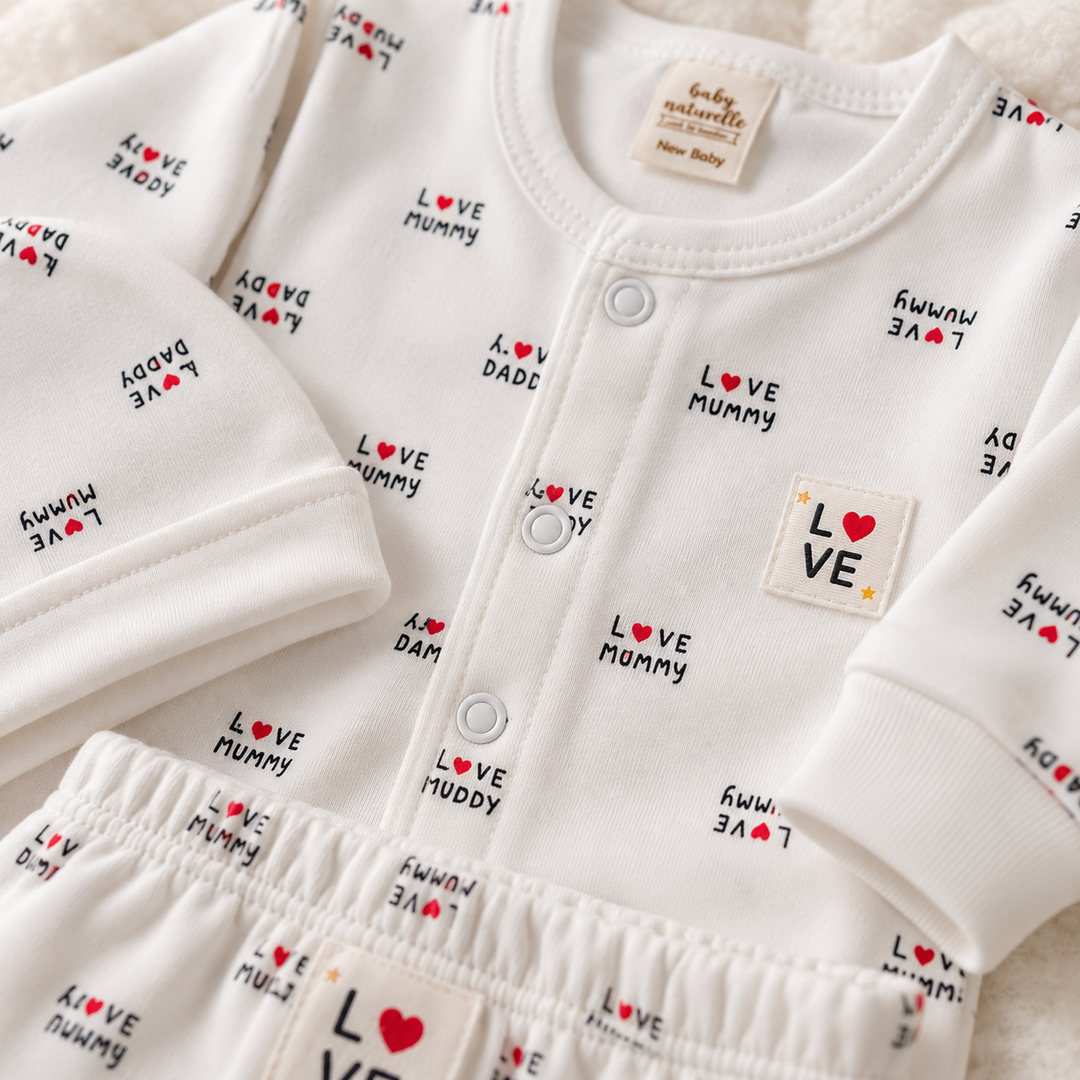Baby Naturelle Love Daddy Cotton Knit Front Open Full Sleeves Co-ord T-Shirt & Pajama Suit with Cap - White