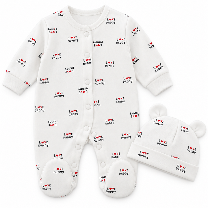 Baby Naturelle Love Daddy Cotton Knit Newborn Romper with Cap - White