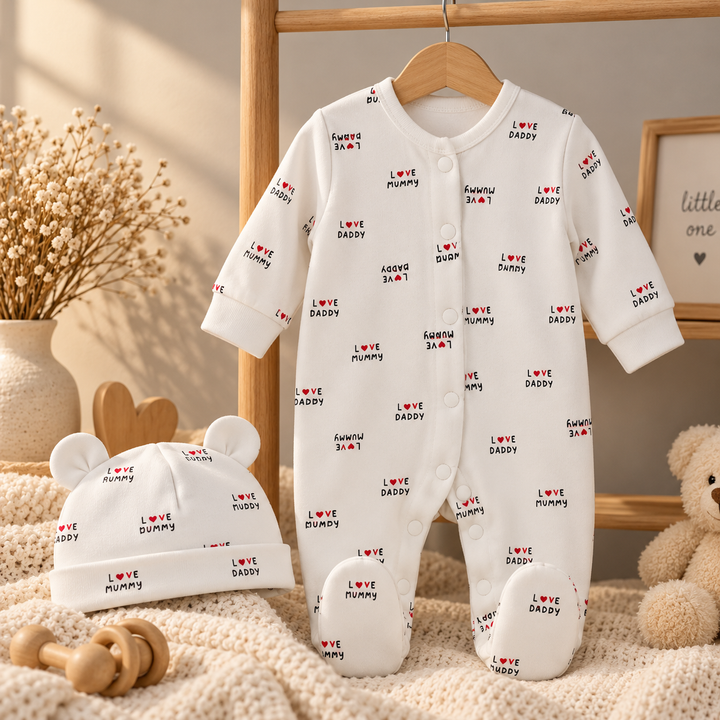 Baby Naturelle Love Daddy Cotton Knit Newborn Romper with Cap - White