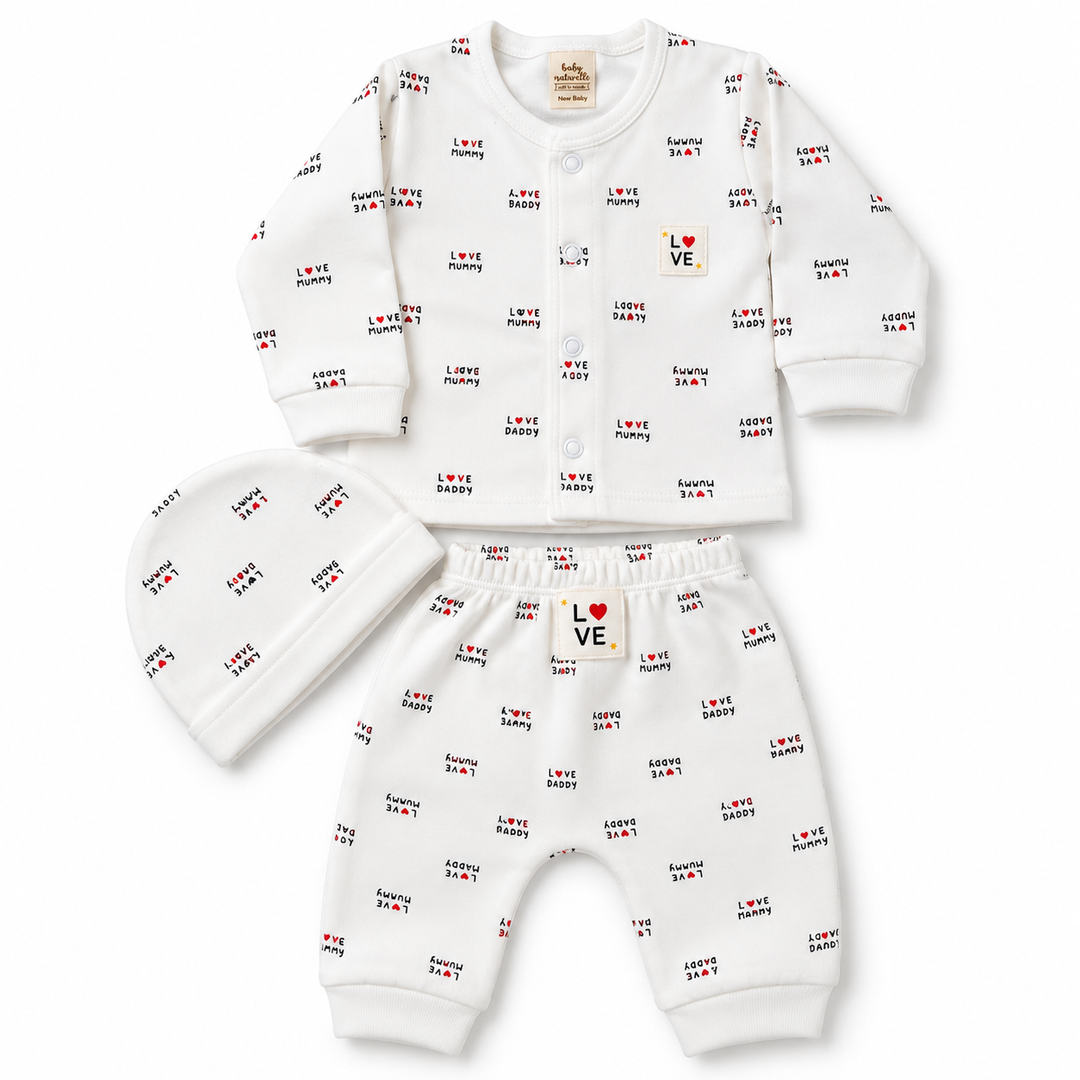 Baby Naturelle Love Daddy Cotton Knit Front Open Full Sleeves Co-ord T-Shirt & Pajama Suit with Cap - White