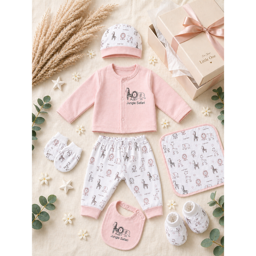 Mama's Care Jungle Safari 9 Pieces Gift Set - 100% Cotton Interlock Theme | Pink