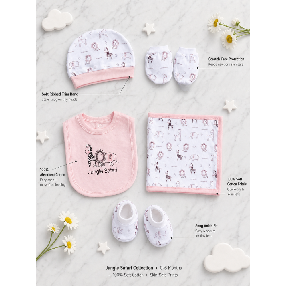 Mama's Care Jungle Safari Gift Set - Pack of 10+1 Teether Cum Rattle | Pink