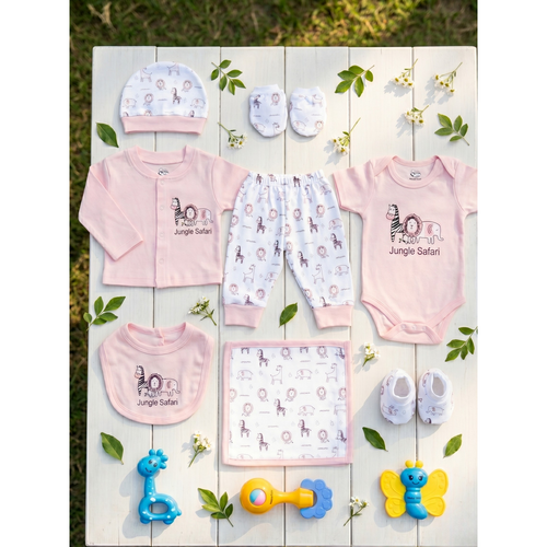 Mama's Care Jungle Safari 13 Pieces Gift Set - Pack of 10+3 Teether & Rattle | Pink