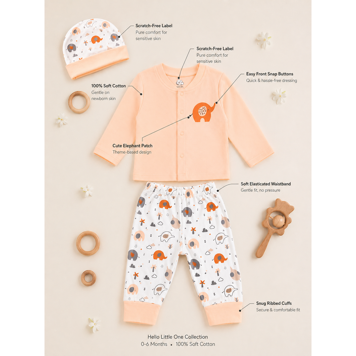 Mama's Care Hello Lil One 9 Pieces Gift Set - 100% Cotton Interlock Theme | Light Peach