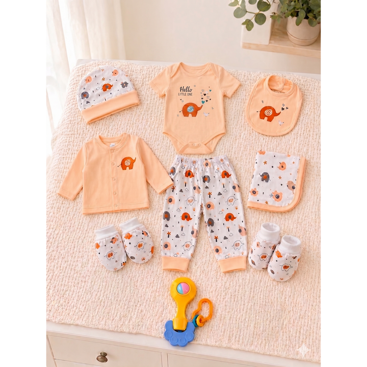 Mama's Care Hello Lil One Gift Set - Pack of 10+1 Teether Cum Rattle | Light Peach