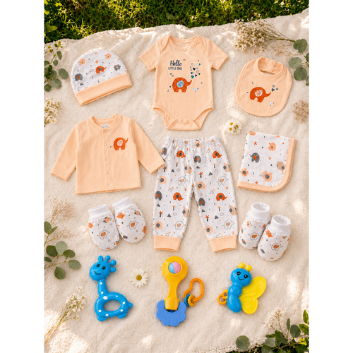 Mama's Care Hello Lil One 13 Pieces Gift Set - Pack of 10+3 Teether & Rattle | Peach
