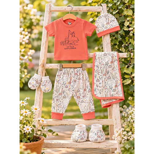 Mama's Care Friend's Explorer 9 Pieces Gift Set - 100% Cotton Interlock Theme | Coral color