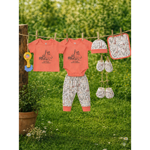 Mama's Care Friend's Explorer 11 Pieces Gift Set - Pack of 10+1 Teether Cum Rattle | Coral color