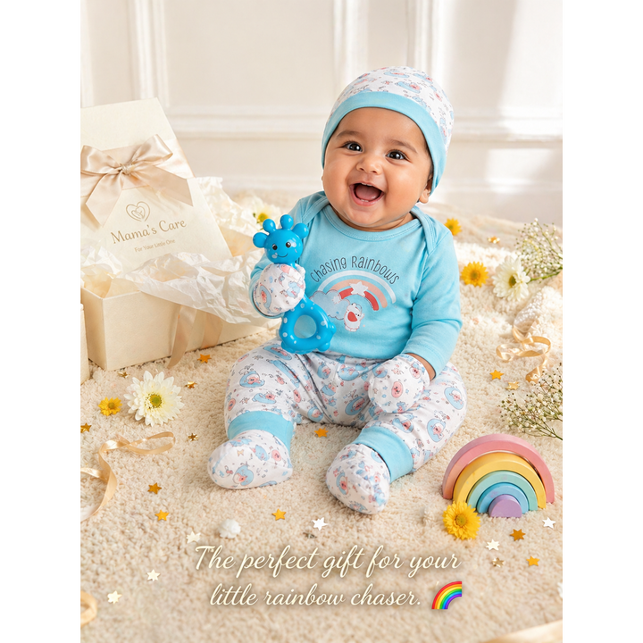 Mama's Care Chasing Rainbow 9 Pieces Gift Set - 100% Cotton Interlock Theme | Sky Blue
