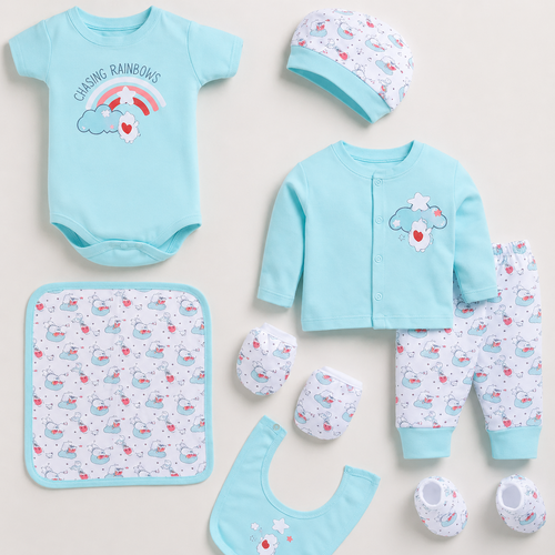 Mama's Care 100% Cotton Gift Set - Pack of 10+1 Teether Cum Rattle | Chasing Rainbow