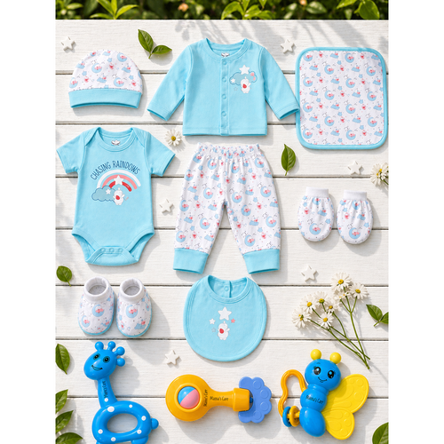 Mama's Care 13 Pieces Gift Set - Pack of 10+3 Teether & Rattle | Chasing Rainbow | Sky Blue