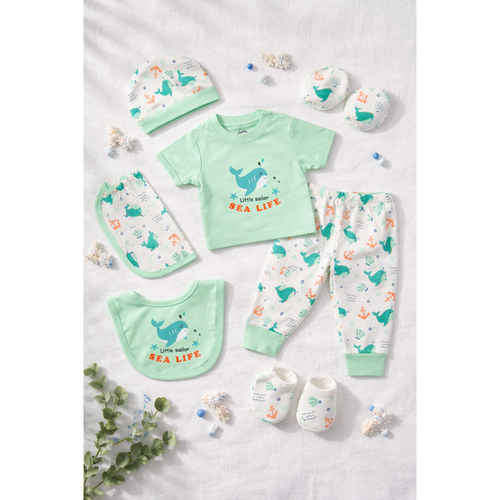 Mama's Care Sea Life 9 Pieces Gift Set - 100% Cotton Interlock Theme | Sea Green