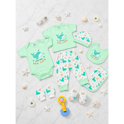 Mama's Care Sea Life 11 Pieces Gift Set - Pack of 10+1 Teether Cum Rattle | Sea Green