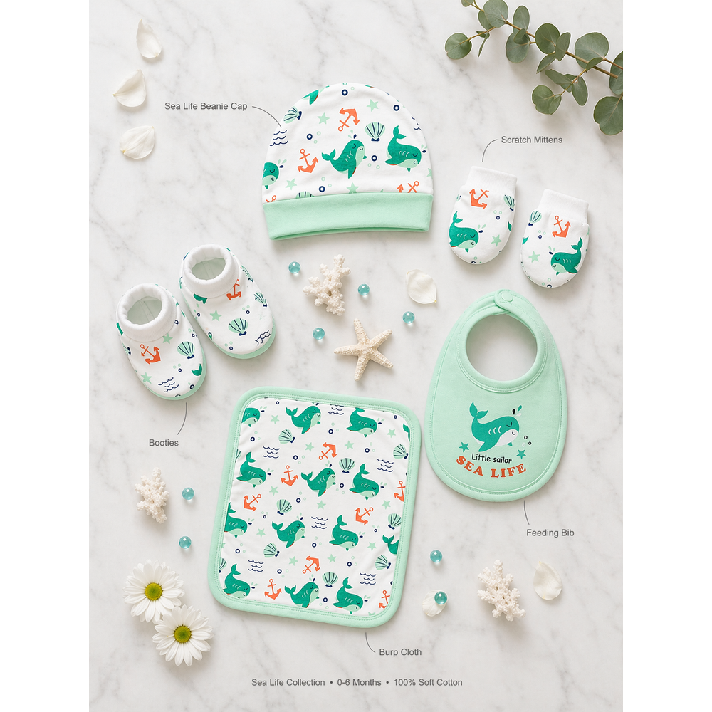 Mama's Care Sea Life 11 Pieces Gift Set - Pack of 10+1 Teether Cum Rattle | Sea Green