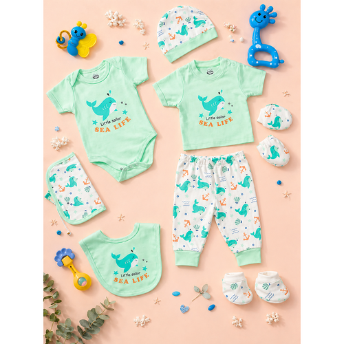 Mama's Care Sea Life 13 Pieces Gift Set - Pack of 10+3 Teether & Rattle | Sea Green