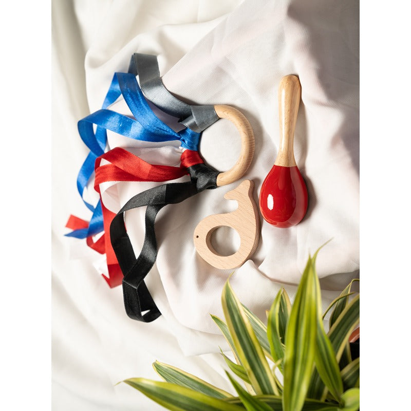 Montessori Baby Set: Teething Ring, Rattle & Teether (3-12 Months)