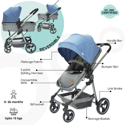 Moon Pro 2 in 1 Baby Umbrella Stroller With Reversible Seat (Blue)