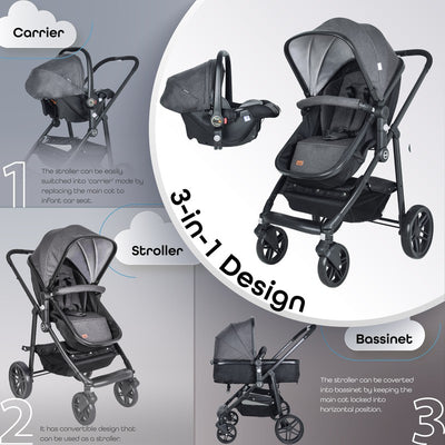 Moon Tres 3 in 1 Baby Stroller, Bassinet and Car Seat Carrier (Dark Grey)