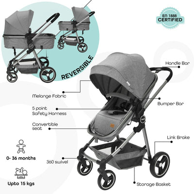 Moon Pro 2 in 1 Baby Umbrella Stroller With Reversible Seat (Grey)