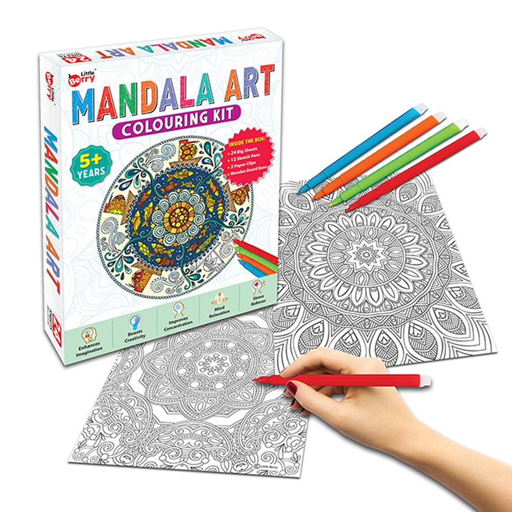 Mandala Art Colouring Kit With 24 Big Sheets and 12 Sketch Pens - Multicolour